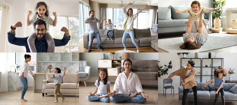 Collage of diverse activities of different families with kids at home. Parents and little children having fun, dancing, and meditating on weekend in living room, exuding joy, connection and happiness