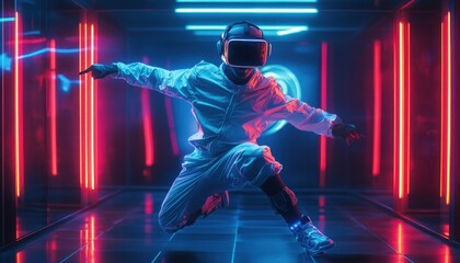 Obraz premium Virtual reality user performs dynamic dance moves in neon-lit digital space during immersive gaming experience at night