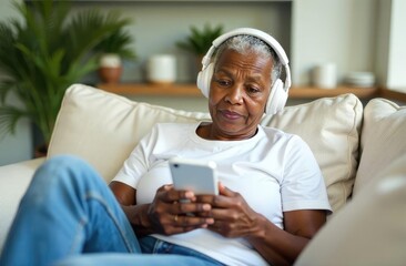An African-American woman wearing headphones is sitting on the couch in her home dining room and chatting online on the phone