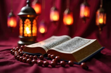 The holy book of Muslims - the Koran, against the background of oriental lanterns