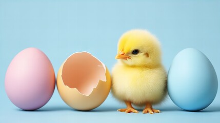 Yellow chick stands beside cracked eggshell and two pastel colored whole eggs on a light blue surface, creating a vibrant Easter scene with soft light