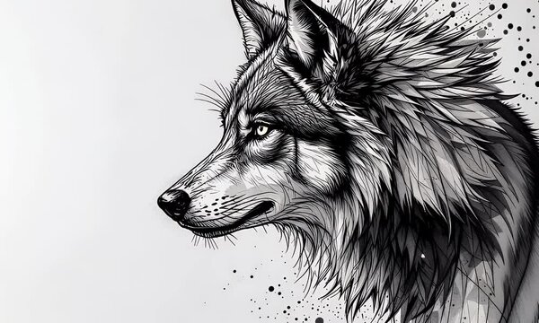 Grayscale Wolf Head Pointillist Style 4k Video with a Spatter Effect on a Light Gray Background. The Wolf is in Profile View.Highly Detailed Portrait with Intricate Fur Detail. Powerful and Intense