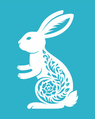 Easter Bunny template with flowers. Floral vector animal. Rabbit silhouette. For paper,laser cutting, sublimation. Cute festive character with ornament. Holiday symbol. Isolated on white background.