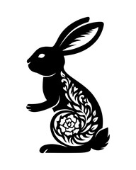 Easter Bunny with flowers. Floral vector animal. Rabbit silhouette. For paper,laser cutting, sublimation. Cute festive character with ornament. Holiday symbol. Isolated on white background.