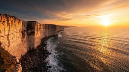 Obraz premium Seaside cliffs landscapes idea. Breathtaking sunset over cliffs and ocean, showcasing natural beauty and tranquil scenery.