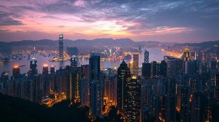 Fototapeta premium City skyline at dusk overlooking harbor with distant mountains and clouds