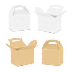 Square paper gable box isolated. White and kraft. Closed and open. 3d mockup set. Blank cube carton packaging. Realistic vector mock-up. Cardboard gift food bag with handle. Template for design