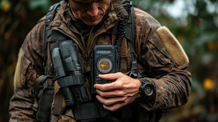 Fototapeta premium Soldier in jungle terrain, focusing on communication device