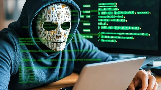 Hacker in a hooded sweatshirt wearing a digital mask covered in code, working on a laptop with green code reflecting on the screen. Cybersecurity and hacking concept. 4K video