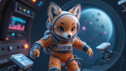 cute fox character in orange astronaut suit exploring space, surrounded by futuristic equipment and distant planet
