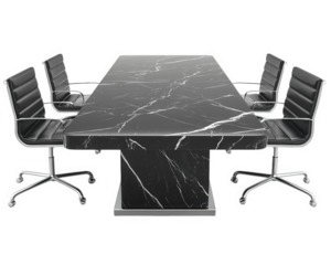 black marble conference table with glossy finish and sleek chairs creates modern and professional atmosphere for meetings. Ideal for offices and corporate settings