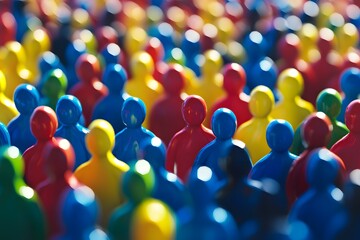 Colorful Crowd: A vibrant and diverse crowd of miniature figures, each in a distinct primary color, representing a dynamic collective and the beauty of togetherness.