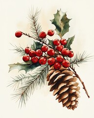 A beautiful arrangement of holly and pine cones, celebrating nature's festive charm.