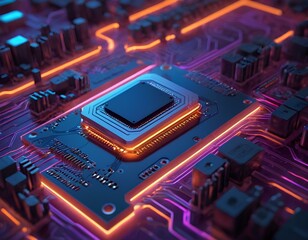 Central Microchip with Orange Glow on Detailed Circuit Board