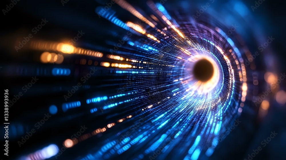 Poster digital tunnel with glowing blue and orange light streams radiating from central dark circle, creati