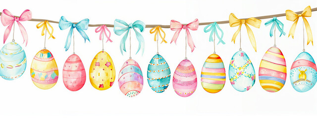 Watercolor Easter eggs with floral pattern set of spring illustrations