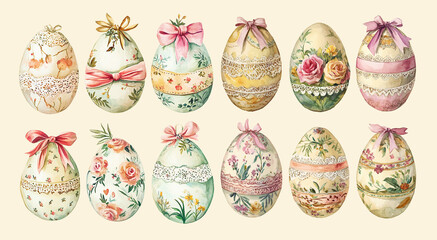 Watercolor Easter eggs with floral pattern set of spring illustrations