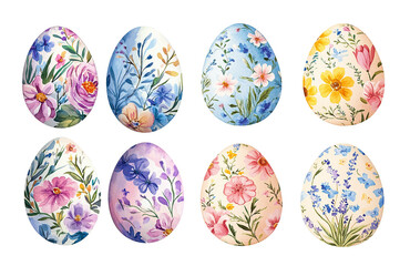 Watercolor Easter eggs with floral pattern set of spring illustrations