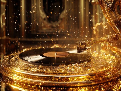 Golden vintage record player in sparkling light. Experience music like never before with a touch of elegance and nostalgia.