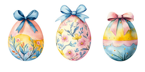 Watercolor Easter eggs with floral pattern set of spring illustrations