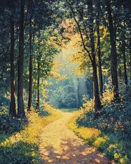 Obraz premium A serene forest path illuminated by sunlight filtering through lush trees.