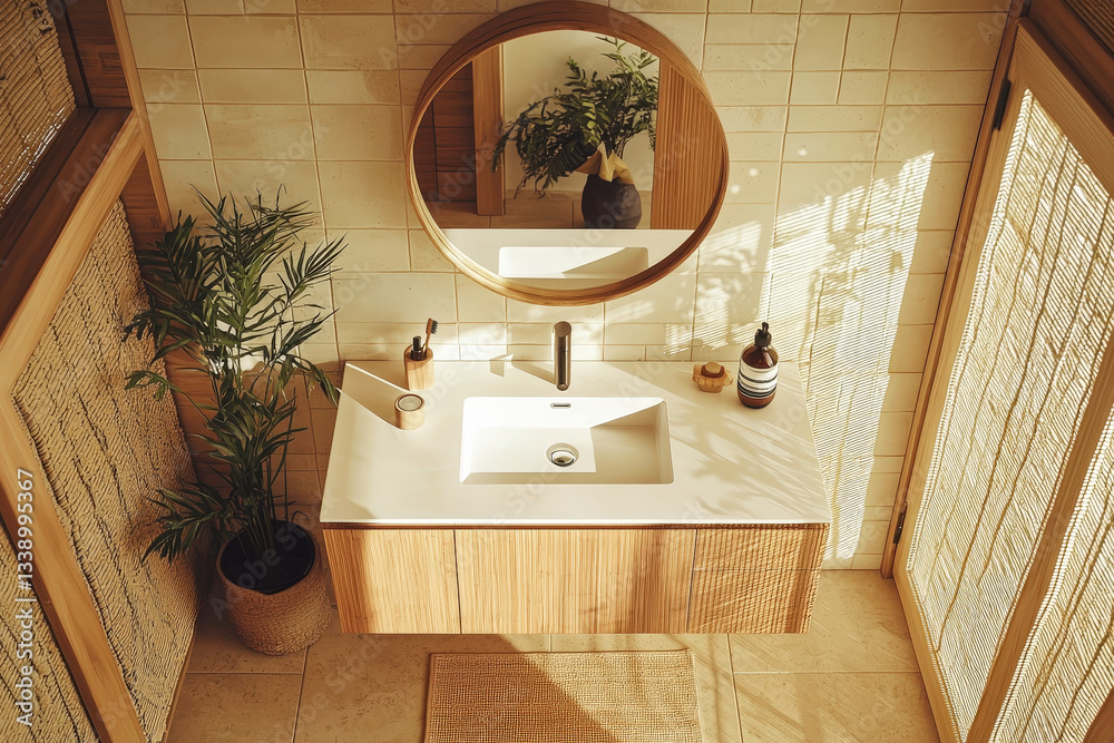 Poster sunlight streams through the window onto a sleek wooden vanity, creating a peaceful atmosphere in th
