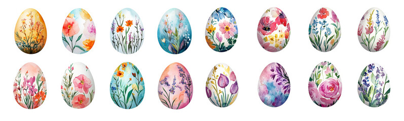 Watercolor Easter eggs with floral pattern set of spring illustrations