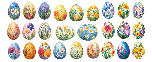 Watercolor Easter eggs with floral pattern set of spring illustrations
