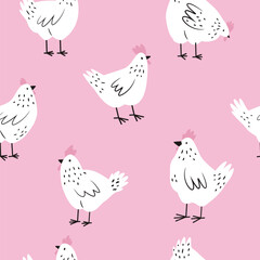 Seamless pattern with funny chickens, cocks for wrapping paper, textile, fabric. Perfect for kitchen prints.