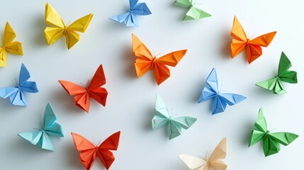 A collection of colorful origami butterflies arranged in a decorative pattern on a white background.