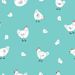 Seamless pattern with funny chickens, cocks for wrapping paper, textile, fabric. Perfect for kitchen prints.