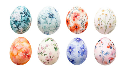 Watercolor Easter eggs with floral pattern set of spring illustrations