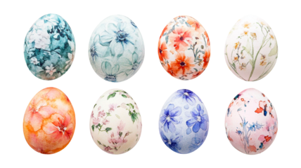 Watercolor Easter eggs with floral pattern set of spring illustrations