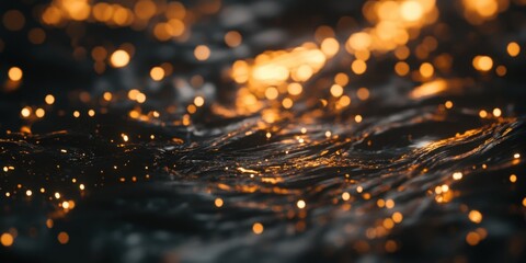 Naklejka premium Sparkling Water: a close-up shot of water surface illuminated by shimmering lights. The water's surface, with a shallow depth of field, has sparkling light reflecting.