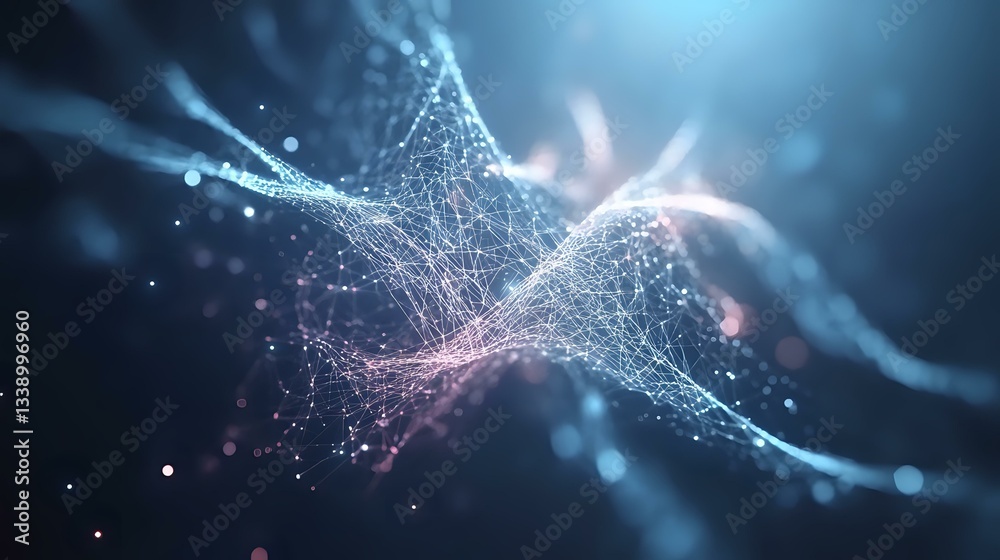 Poster glowing network of interconnected dots and lines forming abstract plexus structure with light partic