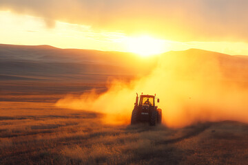 Fototapeta premium A tractor plows through golden fields at sunset, enveloped in a cloud of dust, capturing the essence of rural life.