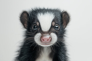Fototapeta premium a small animal with a pink nose and black and white fur on it's face and nose, with a white background