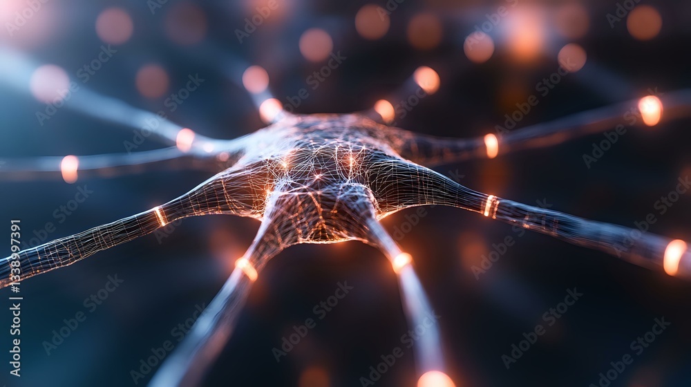 Poster glowing neural network visualization with interconnected nodes and light paths against dark backgrou