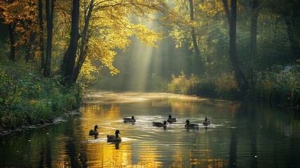 Fototapeta premium Serene Autumn Scene Ducks Swimming in a Golden Forest Canal