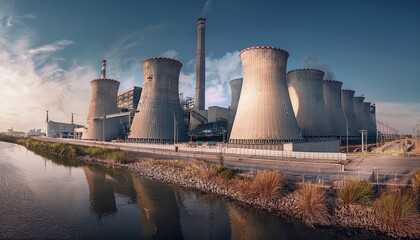 Fototapeta premium Cooling towers tower over the skyline, mirrored in the calm water below, showcasing industry.