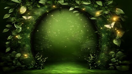 Magical greenery archway with butterflies, sparkle
