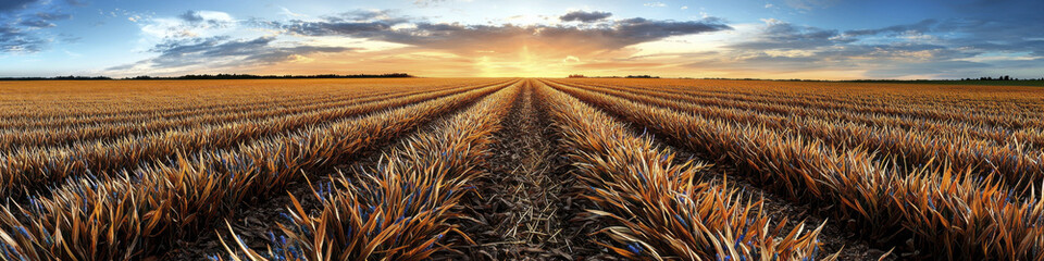 vast agricultural field with rows of crops under vibrant sunset sky, showcasing nature beauty and tranquility