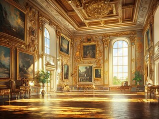 Obraz premium Opulent ballroom with sunlight casting shadows across the floor and emphasizing the gilded decorations and paintings.