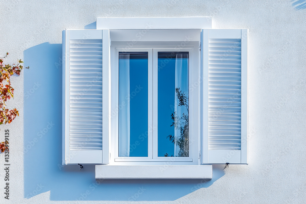 Poster bright window with open shutters showcasing clear blue sky and sunlight in a charming architectural 