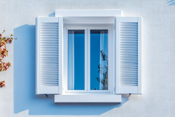 Fototapeta premium Bright window with open shutters showcasing clear blue sky and sunlight in a charming architectural setting