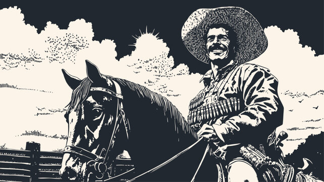 Vector illustration of a Mexican vaquero on horseback, wearing traditional sombrero and clothing. Black and white vintage engraving style with dramatic clouds in background.