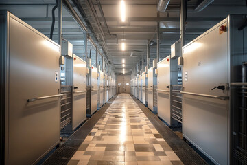 A modern, well-lit corridor lined with metallic units, creating a sleek and orderly atmosphere.