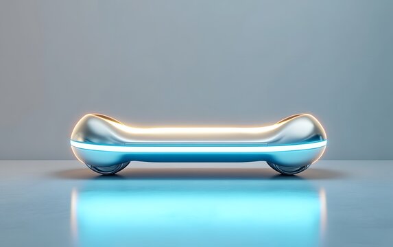 A concept hoverboard with a futuristic chrome finish, glowing blue anti-gravity pads, and a sleek minimalist design, floating above a smooth surface.