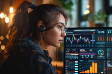 Profile of a young Asian woman focused on financial data displayed on a screen, wearing glasses and headphones, in a dimly lit office.