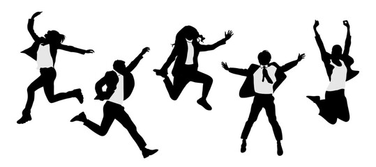 Silhouettes of business people jumping at joy, celebrating success, victory, men and women full length. Vector illustration isolated black on transparent background . Avatar, icons for website.